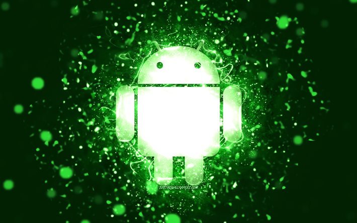 gr&#252;nes android-logo, 4k, gr&#252;ne neonlichter, kreativer, gr&#252;ner abstrakter hintergrund, android-logo, betriebssystem, android