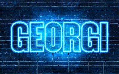 Georgi, 4k, fonds d&#39;&#233;cran avec des noms, nom Georgi, n&#233;ons bleus, joyeux anniversaire Georgi, noms masculins bulgares populaires, photo avec nom Georgi