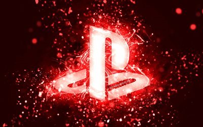 Logotipo vermelho do PlayStation, 4k, luzes de n&#233;on vermelhas, criativo, fundo abstrato vermelho, logotipo do PlayStation, PlayStation