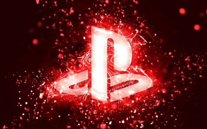 PlayStation red logo, 4k, red neon lights, creative, red abstract background, PlayStation logo, PlayStation