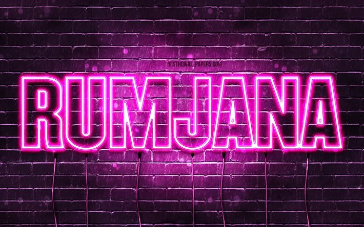 Rumjana, 4k, pap&#233;is de parede com nomes, nomes femininos, nome Rumjana, luzes de n&#233;on roxas, Feliz Anivers&#225;rio Rumjana, nomes femininos b&#250;lgaros populares, foto com o nome Rumjana