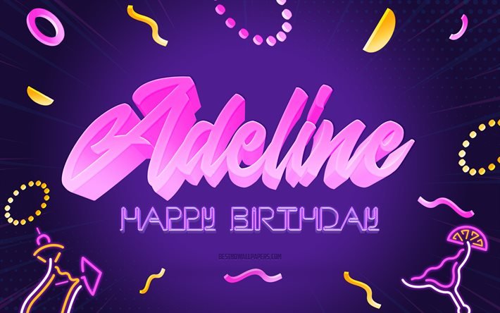 Hyv&#228;&#228; syntym&#228;p&#228;iv&#228;&#228; Adeline, 4k, Purple Party Background, Adeline, creative art, Happy Adeline birthday, Adeline name, Adeline Birthday, Birthday Party Background