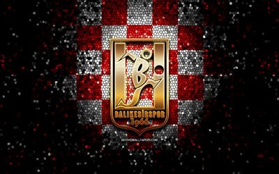 Balikesirspor FC, glitter logo, 1 Lig, red white checkered background, soccer, turkish football club, Balikesirspor logo, mosaic art, TFF First League, football, Balikesirspor KD
