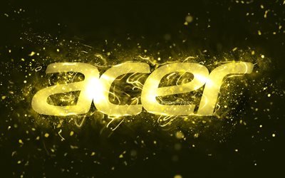 Logotipo amarelo da Acer, 4k, luzes de n&#233;on amarelas, criativo, fundo abstrato amarelo, logotipo da Acer, marcas, Acer