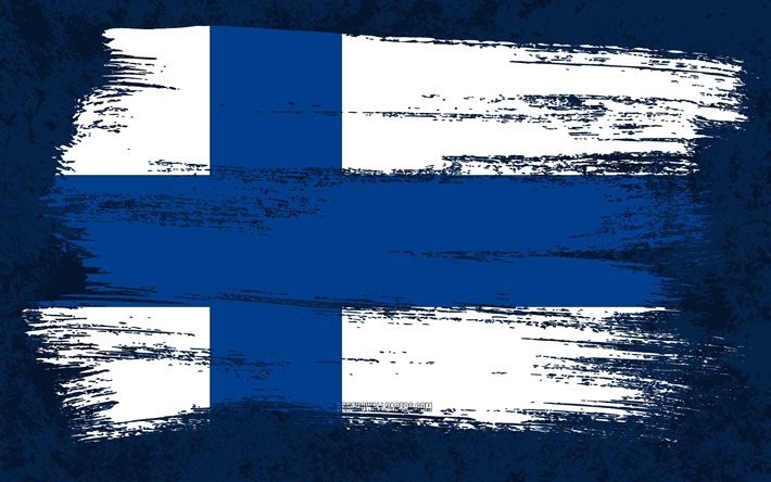 4k, bandiera della Finlandia, bandiere del grunge, paesi europei, simboli nazionali, tratto di pennello, bandiera finlandese, arte grunge, Europa, Finlandia