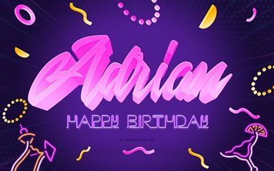 お誕生日おめでとうエイドリアン, 4k, 紫のパーティーの背景, エイドリアン, クリエイティブアート, エイドリアンの誕生日おめでとう, エイドリアンの名前, エイドリアンの誕生日, 誕生日パーティーの背景