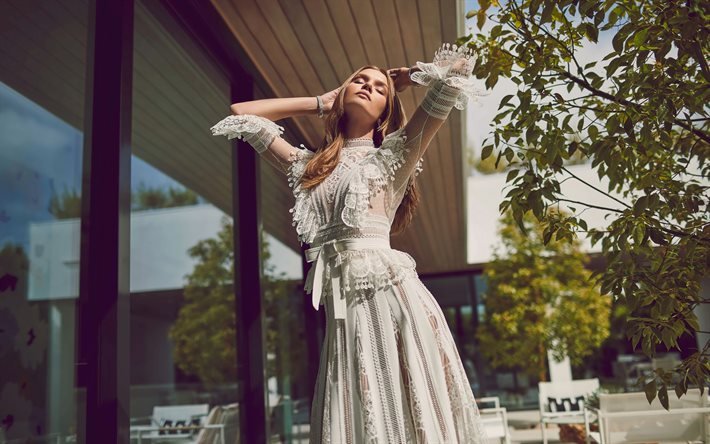 Josephine Skriver, modelo dinamarqu&#234;s, photoshoot, vestido de renda branca, mulher bonita, top model dinamarquesa
