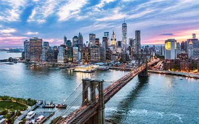 Brooklyn Bridge, New York City, Manhattan, skyscrapers, World Trade Center 1, evening, sunset, Manhattan skyline, New York City skyline, New York skyline, USA