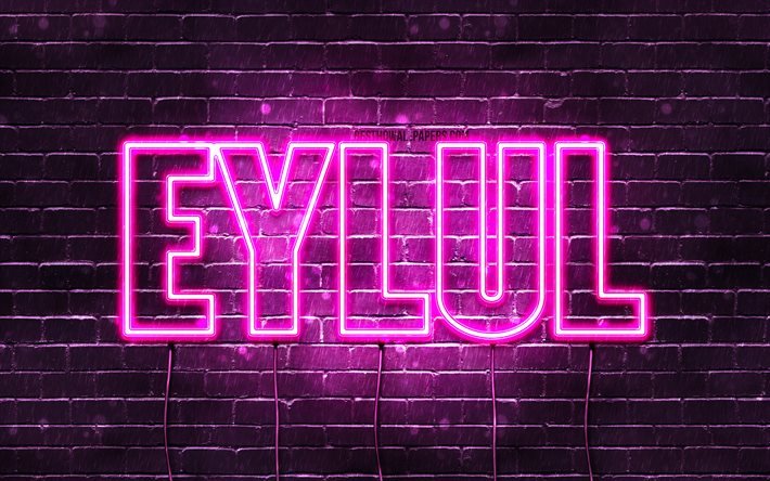 Eylul, 4k, pap&#233;is de parede com nomes, nomes femininos, nome Eylul, luzes de n&#233;on roxas, Feliz Anivers&#225;rio Eylul, nomes femininos turcos populares, foto com o nome Eylul
