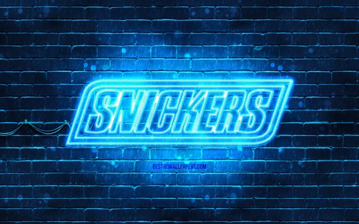 snickers blaues logo, 4k, blaue backsteinmauer, snickers logo, marken, snickers neon logo, snickers