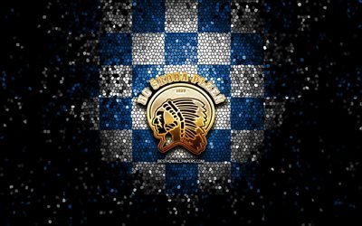 HC Skoda Plzen, logo de paillettes, Extraliga, fond quadrill&#233; blanc bleu, hockey, &#233;quipe de hockey tch&#232;que, logo HC Skoda Plzen, art de la mosa&#239;que, ligue de hockey tch&#232;que