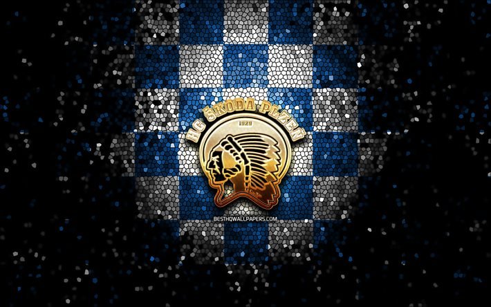 HC Skoda Plzen, glitterlogotyp, Extraliga, bl&#229;vit rutig bakgrund, hockey, tjeckiskt hockeylag, HC Skoda Plzen-logotyp, mosaikkonst, tjeckisk hockeyliga