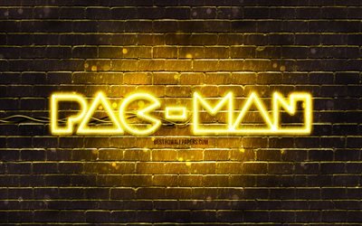 Logo Pac-Man jaune, 4k, brickwall jaune, logo Pac-Man, logo Pac-Man n&#233;on, Pac-Man
