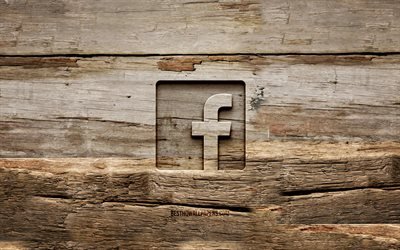 Facebook wooden logo, 4K, wooden backgrounds, social network, Facebook logo, creative, wood carving, Facebook