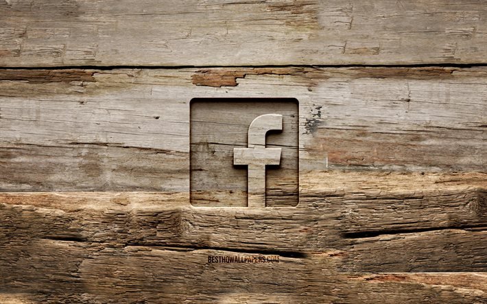 Puinen Facebook-logo, 4K, puiset taustat, sosiaalinen verkosto, Facebook-logo, luova, puunveisto, Facebook