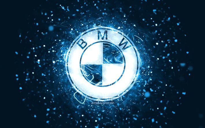 BMW blue logo, 4k, blue neon lights, creative, blue abstract background, BMW logo, cars brands, BMW
