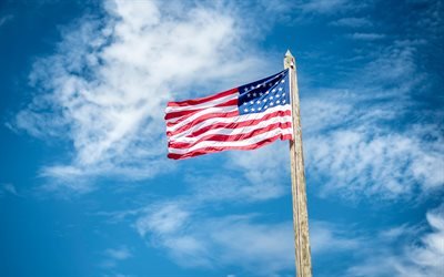 USA flag on flagpole, blue sky, American flag, USA flag, flagpole, USA