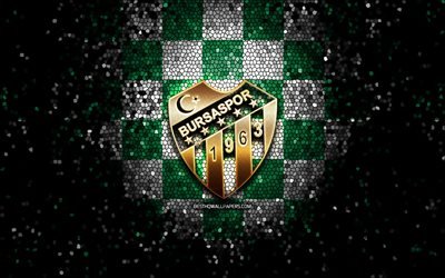 Bursaspor FC, logo glitter, 1 Lig, sfondo a scacchi bianco verde, calcio, squadra di calcio turca, logo Bursaspor, arte del mosaico, TFF First League, Bursaspor