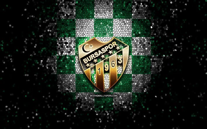 Bursaspor FC, logo scintillant, 1 Lig, fond quadrill&#233; blanc vert, football, club de football turc, logo Bursaspor, art de la mosa&#239;que, TFF First League, Bursaspor