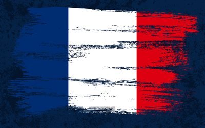 4k, drapeau de la France, drapeaux grunge, pays europ&#233;ens, symboles nationaux, coup de pinceau, drapeau fran&#231;ais, art grunge, Europe, France