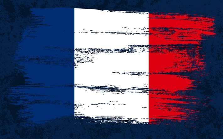 4k, Frankrikes flagga, grungeflaggor, europeiska l&#228;nder, nationella symboler, penseldrag, fransk flagga, grungekonst, franska flaggan, Europa, Frankrike