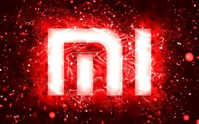 Xiaomi red logo, 4k, red neon lights, creative, red abstract background, Xiaomi logo, brands, Xiaomi