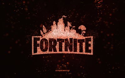 Logotipo da Fortnite com glitter, fundo preto, logo da Fortnite, arte com glitter laranja, Fortnite, arte criativa, logo da Fortnite com glitter laranja
