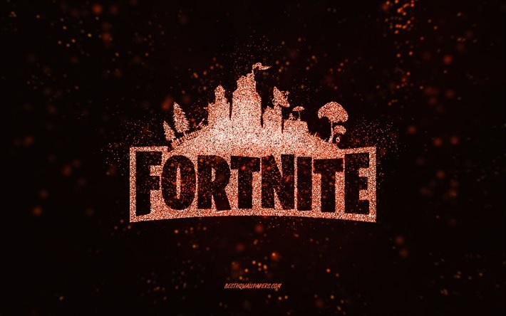 Fortnite glitter logo, black background, Fortnite logo, orange glitter art, Fortnite, creative art, Fortnite orange glitter logo