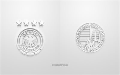 Alemanha x Hungria, UEFA Euro 2020, Grupo F, logotipos 3D, fundo branco, Euro 2020, partida de futebol, sele&#231;&#227;o alem&#227; de futebol, sele&#231;&#227;o nacional de futebol da Hungria