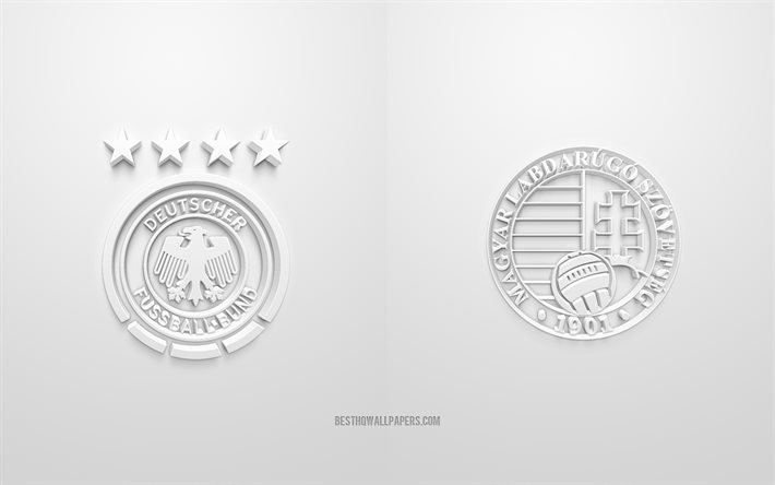 Allemagne vs Hongrie, UEFA Euro 2020, Groupe F, logos 3D, fond blanc, Euro 2020, match de football, &#233;quipe nationale de football d&#39;Allemagne, &#233;quipe nationale de football de Hongrie