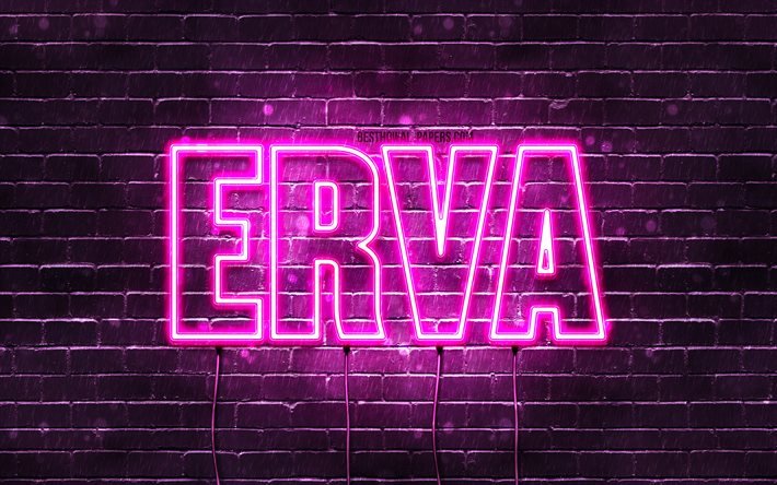 Erva, 4k, fonds d&#39;&#233;cran avec noms, noms f&#233;minins, nom Erva, n&#233;ons violets, joyeux anniversaire Erva, noms f&#233;minins turcs populaires, photo avec nom Erva
