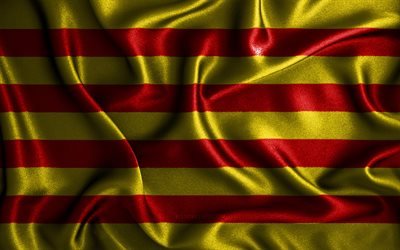 Bandiera della Catalogna, 4K, bandiere ondulate di seta, Comunit&#224; della Spagna, bandiere in tessuto, arte 3D, comunit&#224; spagnole, Catalogna, Spagna, Bandiera 3D della Catalogna
