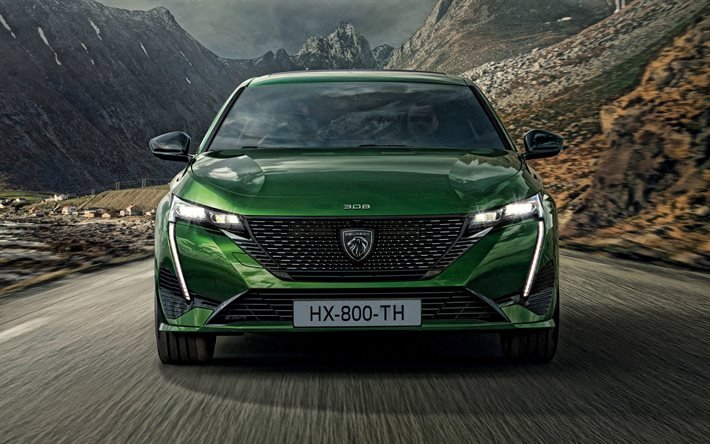 2022, Peugeot 308, 4k, front view, exterior, Peugeot new logo, new green 308, French cars, Peugeot
