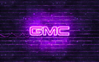 GMC violet logo, 4k, violet brickwall, GMC logo, cars brands, GMC neon logo, GMC