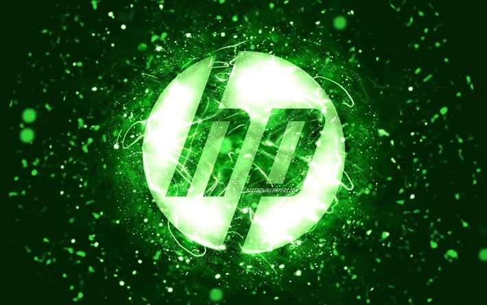 HP green logo, 4k, green neon lights, creative, Hewlett-Packard logo, green abstract background, HP logo, Hewlett-Packard, HP