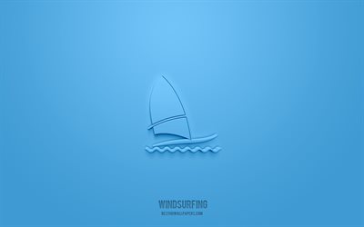 windsurfing 3d icon, blue background, 3d symbols, windsurfing, sport icons, 3d icons, windsurfing sign, sport 3d icons