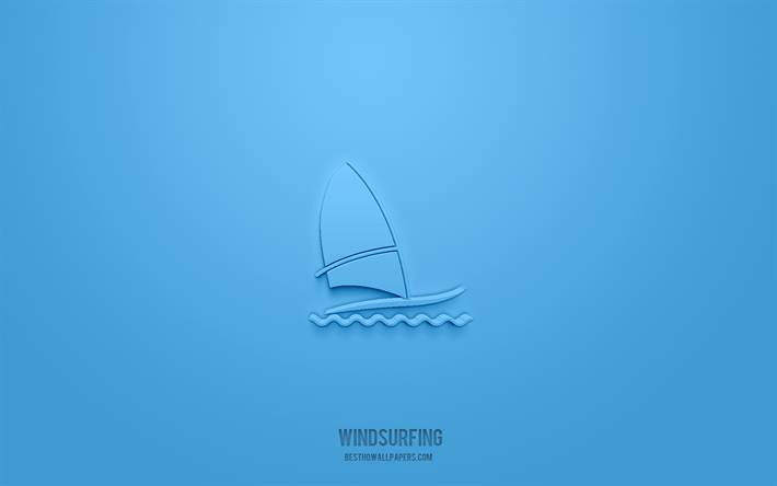 ウィンドサーフィンの3dアイコン, 青い背景, 3dシンボル, ウィンドサーフィン, スポーツアイコン, 3dアイコン, ウィンドサーフィンのサイン, スポーツ3dアイコン
