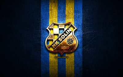 solin fc, logotipo dourado, hnl, metal azul de fundo, futebol, croata clube de futebol, nk solin logotipo, nk solin