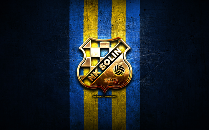 Solin FC, golden logo, HNL, blue metal background, football, croatian football club, NK Solin logo, soccer, NK Solin