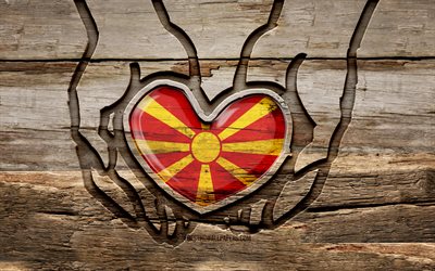 I love North Macedonia, 4K, wooden carving hands, Day of North Macedonia, Flag of North Macedonia, North Macedonia flag, Macedonian flag, Take care North Macedonia, wood carving, Europe, North Macedonia