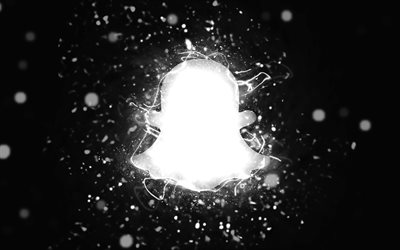 valkoinen snapchat-logo, 4k, valkoiset neonvalot, luova, musta abstrakti tausta, snapchat-logo, sosiaalinen verkosto, snapchat