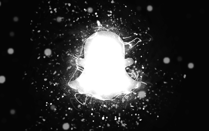 snapchat logo blanc, 4k, n&#233;ons blancs, cr&#233;atif, noir abstrait, logo snapchat, r&#233;seau social, snapchat