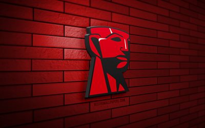 kingston 3d logo, 4k, red brickwall, criativo, marcas, kingston logo, arte 3d, kingston