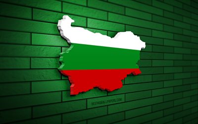 mappa della bulgaria, 4k, muro di mattoni verde, paesi europei, silhouette della mappa della bulgaria, bandiera della bulgaria, europa, bulgaria, mappa 3d della bulgaria