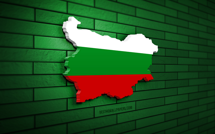 la bulgarie carte, 4k, mur de briques vert, les pays europ&#233;ens, la bulgarie carte silhouette, la bulgarie drapeau, l europe, drapeau bulgare, la bulgarie, le drapeau de la bulgarie, la bulgarie carte 3d
