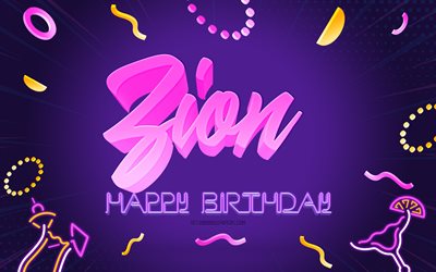 お誕生日おめでとうシオン, 4k, 紫のパーティーの背景, シオン, クリエイティブアート, シオンの誕生日おめでとう, シオンの名前, シオンの誕生日, 誕生日パーティーの背景