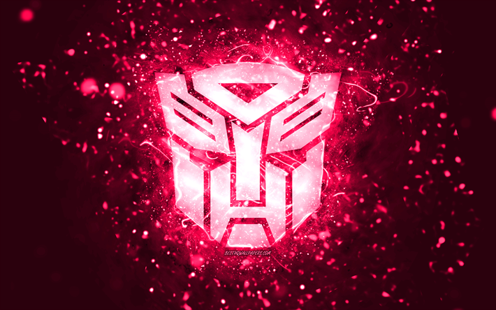 Transformers pink logo, 4k, pink neon lights, creative, pink abstract background, Transformers logo, cinema logos, Transformers