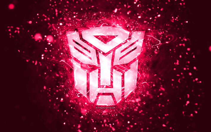 transformers pembe logo, 4k, pembe neon ışıkları, yaratıcı, pembe soyut arka plan, transformers logo, sinema logoları, transformers