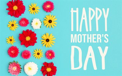 bonne fête des mères, carte de voeux, fond bleu, différentes fleurs, félicitations pour la bonne fête des mères