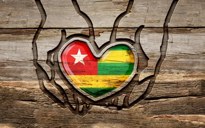 I love Togo, 4K, wooden carving hands, Day of Togo, Togolese flag, Flag of Togo, Take care Togo, creative, Togo flag, Togo flag in hand, wood carving, african countries, Togo
